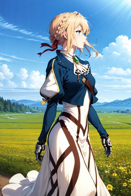 masterpiece, best quality, highres, violet evergarden, braid, hair ribbon, red ribbon, jewelry, white ascot, brooch, blue jacket, long sleeves, mechanical hands, white dress, long dress, <lora:violet_evergarden_v1:0.7>,  from side, (walking:1.2), cowboy shot, road, field