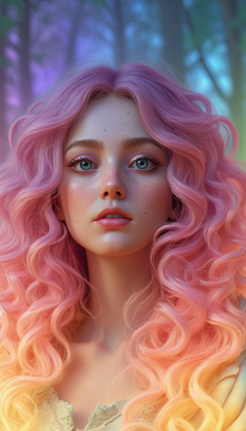 Artificially created woman with pink hair, freckles, and blue eyes.