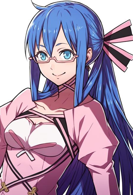 midoridesu, blue eyes, blue hair, long hair, glasses, hair ribbon pink dress, thighhighs, long sleeves, gloves