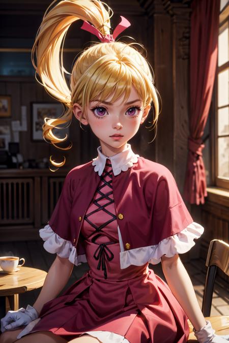 1girl, male, (masterpiece:1.3), (high resolution), (8K), (extremely detailed), (4k), (pixiv), perfect face, nice eyes and face, (best quality), (super detailed), detailed face and eyes, (solo), textured skin, absurdres, highres, tiny girl, <lora:more_details:0.4>, <lora:biscuit-09:0.7>, biskywz, tiny girl, blonde hair, ponytail, long hair, hair ribbon,red dress, bobby socks, capelet, white gloves, purple eyes, sitting, table, teacup, hot tea, looking at viewer,