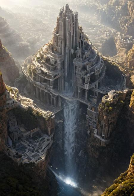 POV view , DOF,
(Ancient civilization, Alien Prometheus movie scene, dune movie scene:1.5), (The colonial city of the future, in the mist-filled Grand Canyon, on an unknown Earth-like planet, 2 moon on sky, Spaceship flight connects colonies, waterfulls:1.3), (Machu Picchu, a mountain settlement, incredibly spectacular:1.2), (Mario Botta:1.3), (avant-garde, future, reality, science fiction, photorealistic), (modern architecture:1.2), White limestone with black granite, fountain, waterfall, landmark, square, path, narrow street,
(Large Files, Ultra Realistic, 8K, 16k, FHD, HD, VFX, Perfect, Photography, composition, Architecture Sales Photography, Architecture Competition, Ultra High Resolution, Cinematography, High Resolution Image:1.1), (dramatic lighting, direct sunlight, ray tracing, clear shadow:1.2),  (real landscape:1.1), (blurred background:1.0), (urban background, more_details) ,
great lighting, clear, hillscastel, <stardeaf-cold-arc>, xtower, industrialbuilding