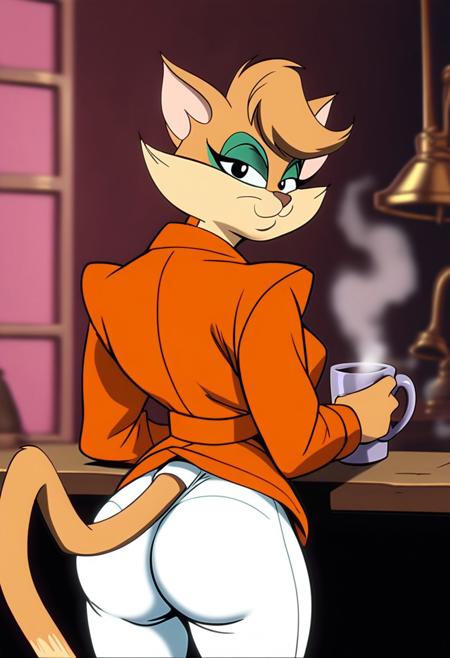 score_9, score_8_up, score_7_up, score_6_up, score_5_up, score_4_up, retro artstyle, BREAK 
Tabitha_Fantomcat,cat girl,short hair,1girl, ass,cat tail,black eyes, cup, solo, holding, furry female, holding cup, looking at viewer,short hair, looking back, furry, from behind, standing, animal ears,orange jacket,white pants, closed mouth, steam, breasts, mug,cat tail, body fur, cowboy shot,pink background, outline 
<lora:tabitha-v1:1>