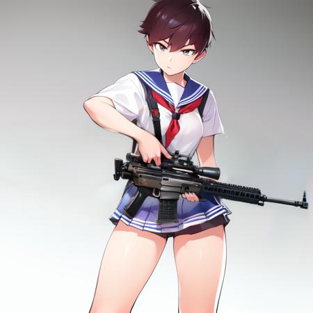 masterpiece, best quality, 1girl, tomboy, very short hair, toned, tall, seifuku, assault rifle, action shot, ruins, post apocalyptic