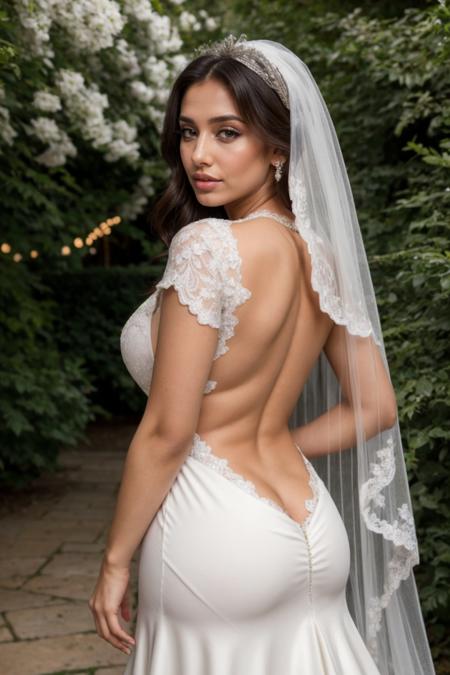 wedding dress, lace wedding dress , royal wedding dress, full body, wedding veil,<lora:ButtCrack:1>,  arab woman, arab model,  from behind,  busty, 20 years old, 20yo, standing in a garden , hijab, full lips, milf, (pail skin:1.2)  , long dress, wedding, natural face skin, natural skin, lips filler, botox, long eyelashes, bubble butt ,RAW photo, subject, 8k uhd, dslr, soft lighting, high quality, film grain, Fujifilm XT3, <lora:BimbolipsV4:0.2>, big lip , buttcrack, side boob, <lora:more_details:0.5>, BigNaturalBreasts, wearing luxury dress, bokeh, mole on ass