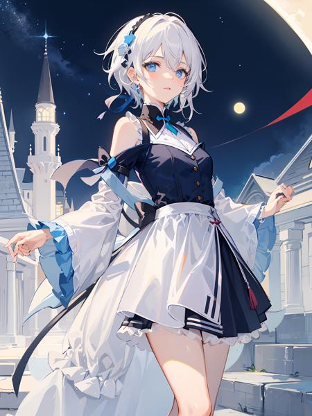 masterpiece,best quality,1girl,yanhe,short hair,white hair,<lora:yanhe-000006:1>,colored inner hair,Starry sky,beautiful detailed sky,moon,castle,jewelry,ribbon,