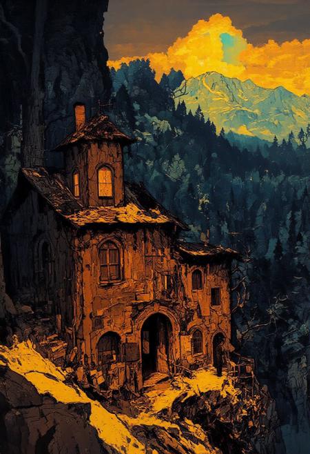 Un vieux manoir du XVIème siècle devant les Pyrénées et surplombant une immense forêt sombre et lugubre. Il fait froid, il y a de la neige. Le soleil va bientôt se coucher. Atmosphère fantastique et magique. Le manoir possède une porte cochère et deux petite tours d'angle. Il est vieux et un peu abîmé par-ci par là. On vois un homme au loin à côté d'une calèche du XIXème siècle. La forêt cache peut être un monstre ?