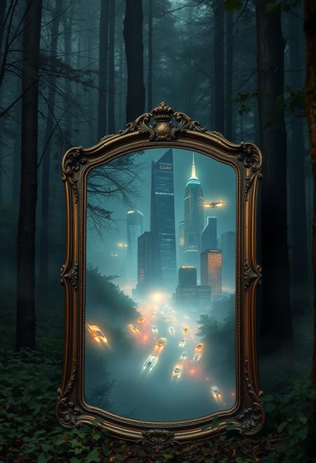 A freestanding, antique mirror sits in a dense, foggy forest, (but instead of reflecting the forest, it shows an entirely different world:1.4). Inside the mirror, a futuristic cityscape with flying vehicles and glowing skyscrapers pulses with life.Hyperrealistic glass textures, intricate alternate realities, and dramatic atmospheric effects.