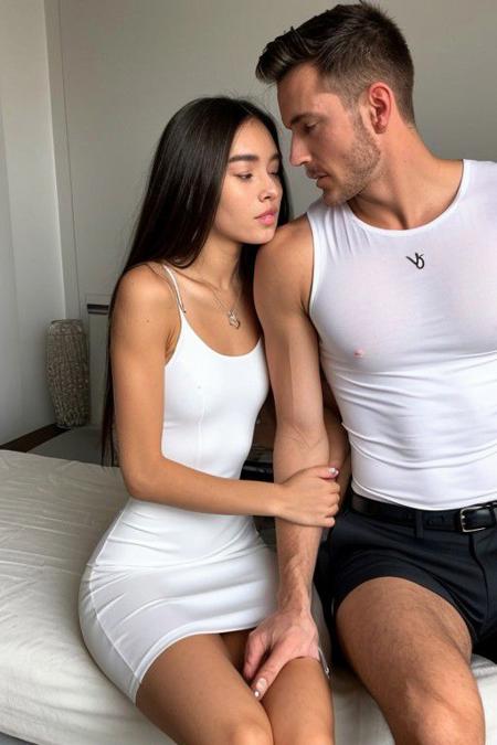 1girl, slender body, face in profile, white bodycon minidress, sitting on mans lap