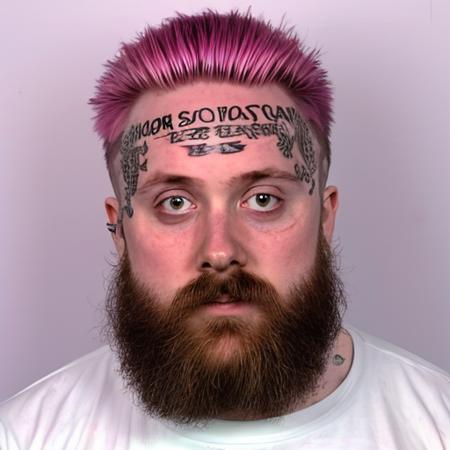 photo of forsen_person, very long beard, pink hair, face tattoo