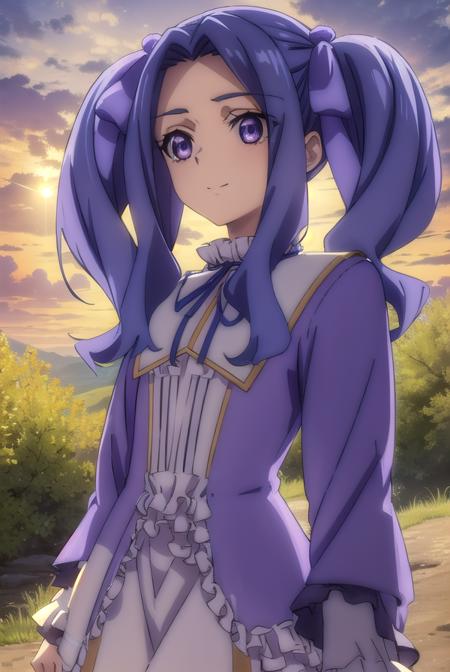 meltyqmelromarc, <lora:melty q melromarc s3-lora-nochekaiser:1>,
melty q melromarc, long hair, ribbon, twintails, blue hair, (purple eyes:1.1), hair ribbon, purple ribbon, (parted bangs:1.5), smile,
BREAK long sleeves, dress, frills, ribbon trim, purple dress,
BREAK outdoors, forest, nature, sun, sky, trees, clouds, grass,
BREAK looking at viewer, (cowboy shot:1.5),
BREAK <lyco:GoodHands-beta2:1>, (masterpiece:1.2), best quality, high resolution, unity 8k wallpaper, (illustration:0.8), (beautiful detailed eyes:1.6), extremely detailed face, perfect lighting, extremely detailed CG, (perfect hands, perfect anatomy),