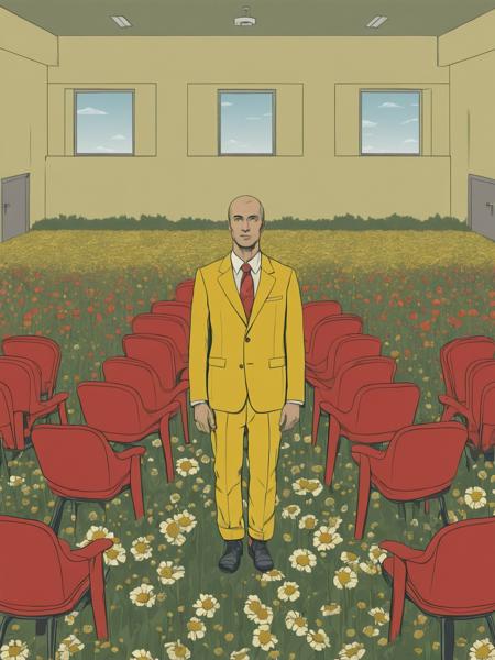 illustration with outline, , a man in a yellow suit standing in a field of flowers , a large room with a lot of red chairs, <lora:Vintage_vibes:1>