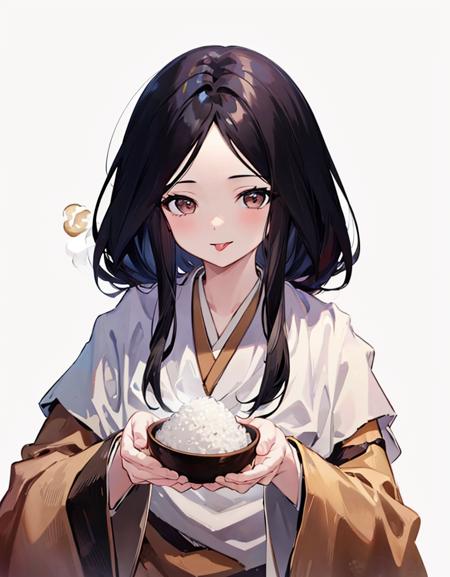 ricechan, 1girl, black_hair,solo, bowl, holding, japanese clothes, rice, kimono, food, steam, white background, simple background, long sleeves, upper body, holding bowl, brown kimono, looking at viewer, (tongue out), bangs, smile, wide sleeves,  rice bowl,<lora:RicechanSekiroV1-000006:1>,