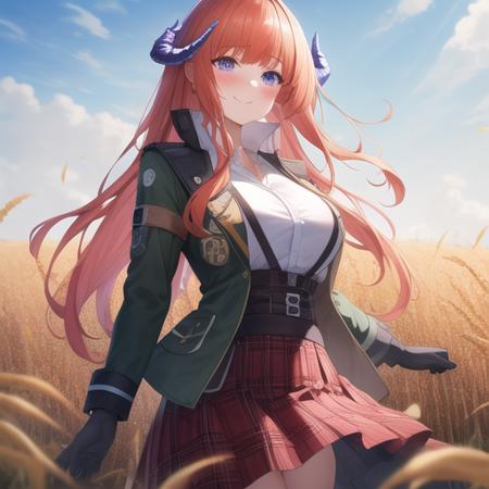 (masterpiece, best quality:1.2),illustration,8k,hd,absurdres,sky,wheat field,1girl,solo,cowboy shot,bangs,orange_hair,smile,purple_eyes,dragon_horns,very_long_hair,blush,large_breasts,black_gloves,green_jacket,long_sleeves,looking_at_viewer,shirt,red_skirt,blue_eyes,plaid skirt,<lora:Bagpipe(ark)>,