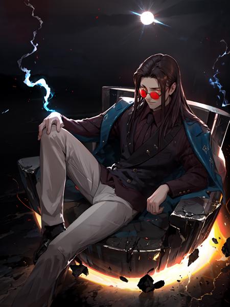 masterpiece,best quality,highres,1boy,<lora:ShadowverseIceschillendrigV3:0.75> ,glowing,looking at viewer,glowing eyes,blackhole,cruel,electricity,wearing red sun glasses,sitting,legs crossed,from above,close-up,portrait