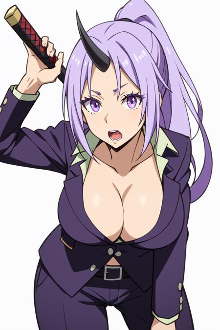 Shion 
<lora:ShionV1:0.7>
1girl, belt, breasts, cleavage, collarbone, holding, holding_sword, holding_weapon, horns, katana, large_breasts, long_hair, open_mouth, pants, ponytail, purple_eyes, purple_hair, purple_jacket, shirt, simple_background, single_horn, solo, sword, very_long_hair, weapon, white_background