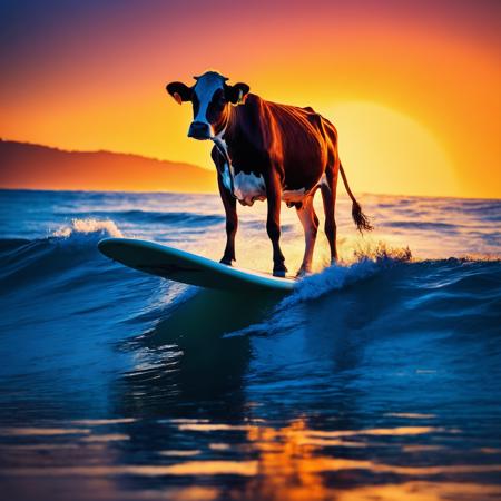 Cow expertly riding a surfboard at sunset, colors warm oranges and deep blues, style pop art, mood exhilarating, lighting sunset glow, perspective low angle view, texture smooth surfboard and furry cow.