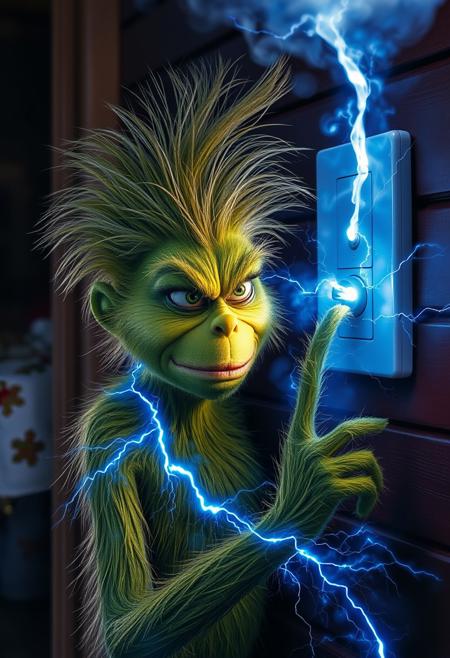 An image of the grinch touching an electrical switch on the wall of a house, he was electrocuted, all his hair stood up and was a mess, a cloud of smoke could be seen coming out of his head, his expression was shock and agony, smoke effect, blue electric shock effect all over the body, light effect, photography, 8K, high quality
