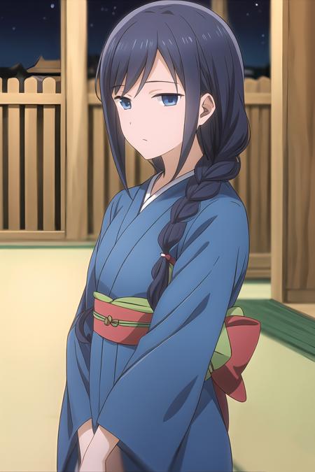 1girl, blue hair, blue eyes, braid, long hair, looking at viewer, single braid, solo, saginomiya_shiori, kimono, festival background, night, <lora:add_detail:0.65>