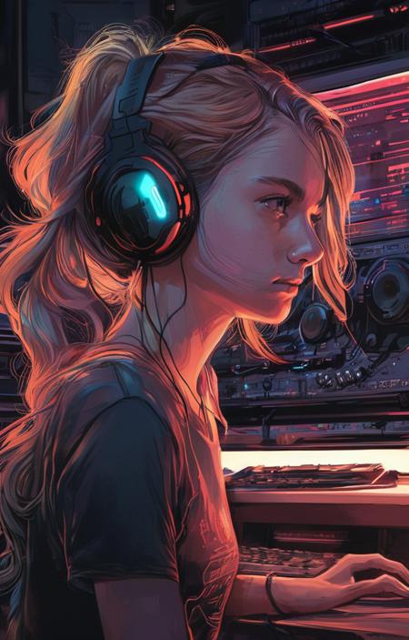 masterpiece,best quality,<lora:tbh160-sdxl:0.9>,illustration,style of Dan Mumford tech genius teenage girl