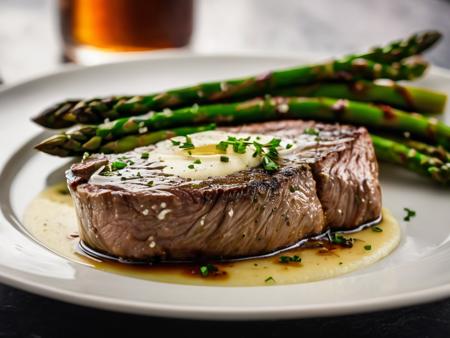 cinematic photography, RAW photo, closeup shot, closeup on subject, side view, ground shot, perfect round of fillet mignon steak, well marbled, cooked rare, dark caramelization on the top surface of the steak, nice char, pat of garlic herb butter on top, au jus, BREAK, side of mashed potatoes, side of grilled asparagus, all sitting on a white china plate, (steam rising from the food), bokeh, shallow depth of field, food photo, 8k, ultra sharp focus, intricate details, hyperrealism, DSLR, volumetric lighting, rim lighting, high quality, film grain, Fujifilm XT, SK_CINEMATIC
