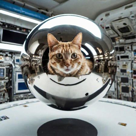 Photo of a cat on top of a polished metal sphere floating inside a space station