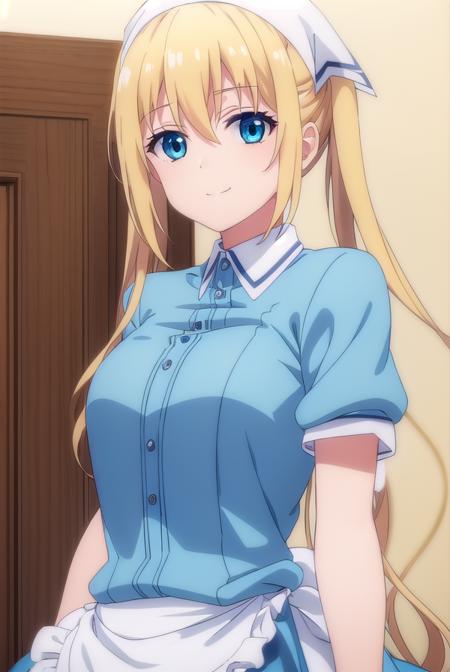 kahohinata, <lora:kaho hinata s1-lora-nochekaiser:1>,
kaho hinata, blonde hair, blue eyes, hair between eyes, long hair, sidelocks, twintails, smile,
BREAK apron, blue shirt, blue skirt, frilled apron, frills, gloves, head scarf, shirt, short sleeves, skirt, uniform, waist apron, waitress, white apron, white gloves,
BREAK indoors, restaurant,
BREAK looking at viewer, (cowboy shot:1.5),
BREAK <lyco:GoodHands-beta2:1>, (masterpiece:1.2), best quality, high resolution, unity 8k wallpaper, (illustration:0.8), (beautiful detailed eyes:1.6), extremely detailed face, perfect lighting, extremely detailed CG, (perfect hands, perfect anatomy),