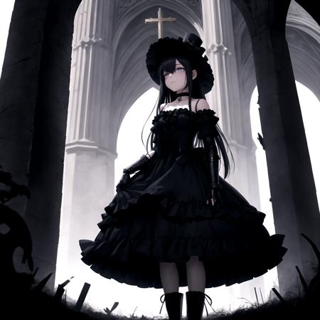 best quality, highly detailed, detailed background, girl, very long hair black, empty eyes, choker, gauntlets, heavy boots, gothic dress, [redacted] dress, frills, poofy design, laced, ribbons, bows, fancy dress hat, outdoors, cathedral, foreboding shadows, fractured realm, sky night, feathered menace, broken bell tower, terror horror