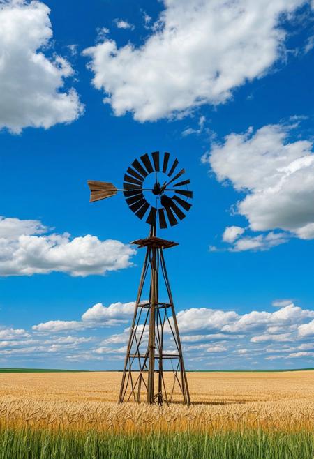 Antique windmill with 4 grinding blades rotating by the force of the wind activating it, background large wheat fields and blue sky with cumulus clouds