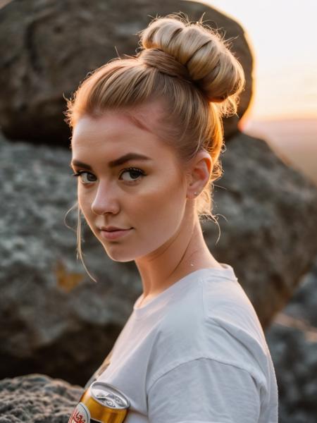(up-close portrait), shot on fujifilm, Fujifilm x-t3, close-up, (Golden hour sunset), film grain, realistic photo, face of a unique beauty, blonde hair with a reddish tint, hair tied up in a bun, standing on top of a rock, (white tee shirt with the miller high life beer logo)