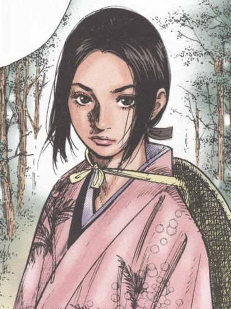 a close up of a person in a pink kimono, coloured manga scan, sui ishida art manga, inspired by Kusumi Morikage, female samurai, manga style of kentaro miura, high quality colored sketch, by Yoshiyuki Tomino, koyoharu gotouge, inspired by Nishikawa Sukenobu, harumi, omina tachibana