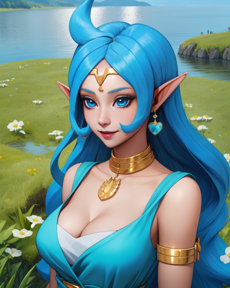 nayru,long blue hair,pointy ears,blue eyes,ahoge,jewelry,
Blue dress,bracelet,circlet,armlet,necklace,earrings,cleavage,
upper body,smiling,standing,
lake,morning,grass,
(insanely detailed, beautiful detailed face, masterpiece, detailed eyes, best quality),<lora:nayru:0.8>,