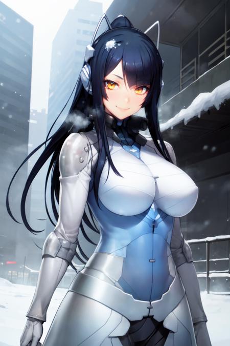 mitsumin, 1girl, solo, headgear, armored coat, long coat, bodysuit, gloves, upper body, smile, snowing, street, cyberpunk, neon, snow, steam, cowboy shot, looking at viewer, <lora:mitsumin_V6-09:0.7>