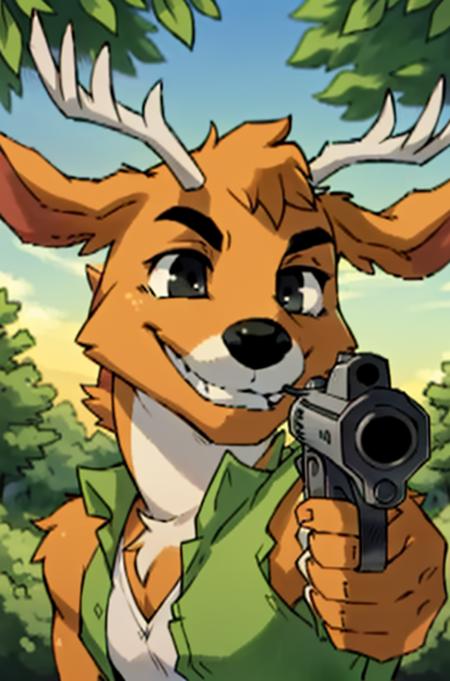 BamboCzar, (smiling, mouth open, holding gun, pistol, aiming at you, looking at viewer), (ripped sleeves, green open vest, antlers, deer ears, snout, black eyes), (masterpiece:1.2), hires, ultra-high resolution, 8K, high quality, (sharp focus:1.2), clean, crisp, cinematic, <lora:Bambo-20:0.65>, <lora:gunAimingAtYouV1:0.7>