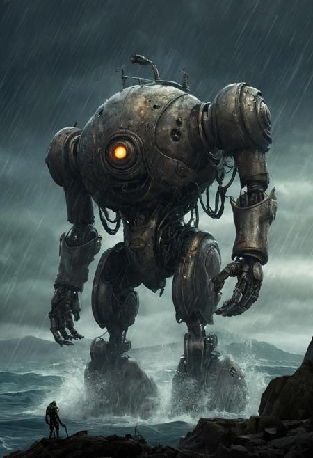 machinarium,Pacific Rim-Mecha Giant, fantasy, Streamlined design, Fighting against monsters in the eye of a deep sea storm, dark and lonely atmosphere, PIXAR and ARCANE style,cel shading,digital art,
very realistic photography,