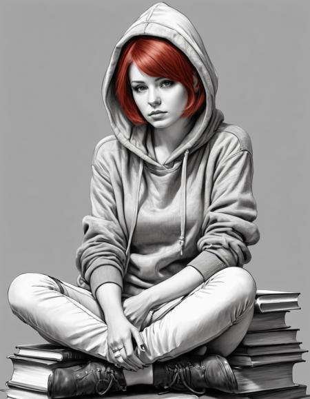 a 40 years sad woman red short hairs, sit on a pile of books, wearing a hoodie, victorian. steampunk greyscale style, realistic, pencil sketch