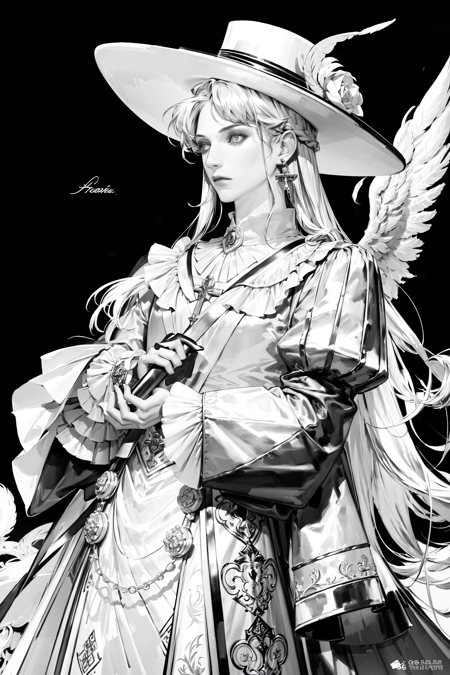 MONOCHROME, 
solo, long hair, looking at viewer, long sleeves, 1boy, hat, white background, holding, jewelry, closed mouth, monochrome, weapon, flower, greyscale, male focus, earrings, wings, holding weapon, wavy hair, cross, feathers, frilled sleeves, feathered wings, angel wings, angel, hat flower, over shoulder, hat feather, weapon over shoulder,
 <lora:pilyeon-04:1>