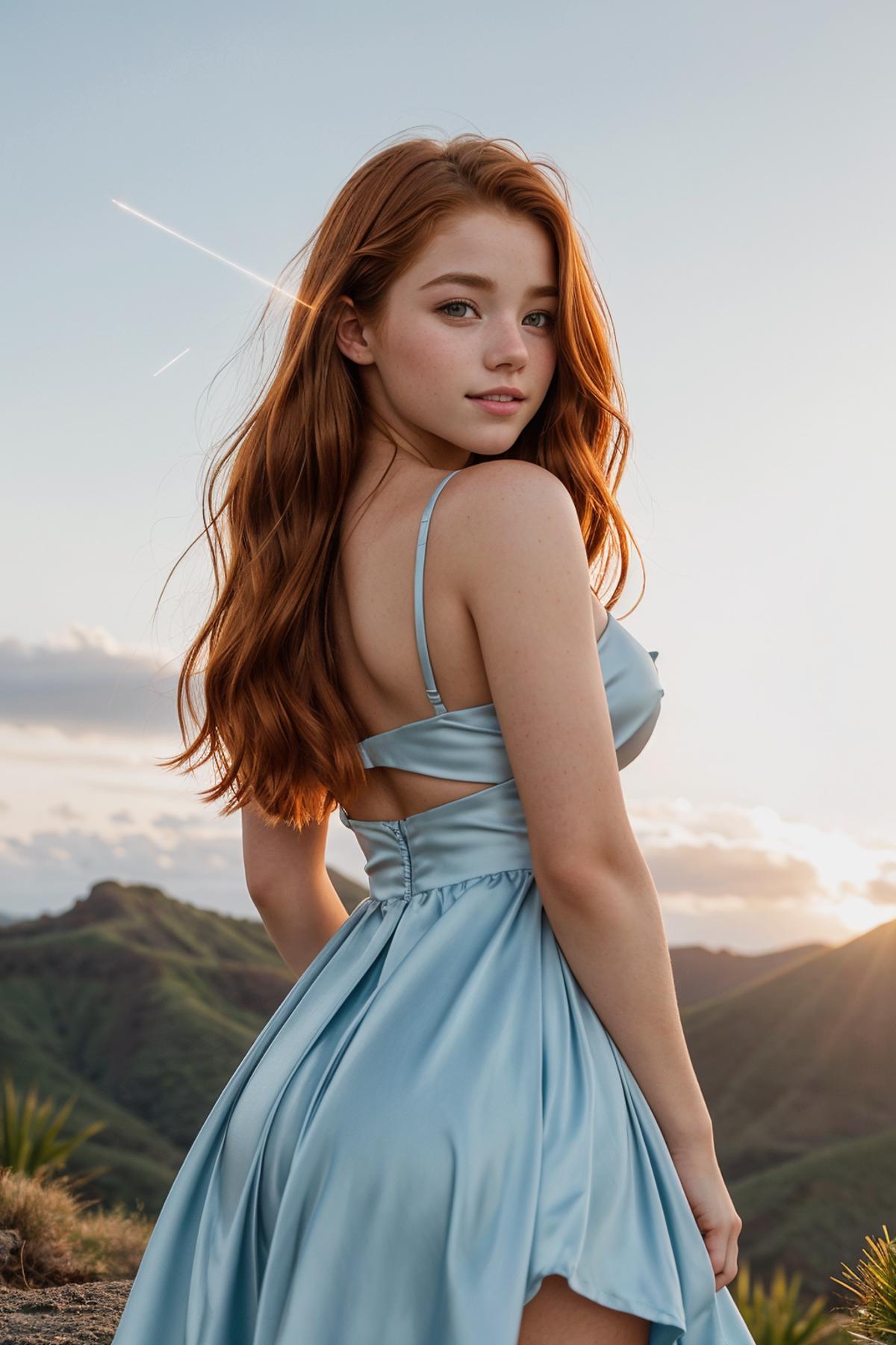 A red-haired woman in a blue dress posing for a picture in front of a sunset.