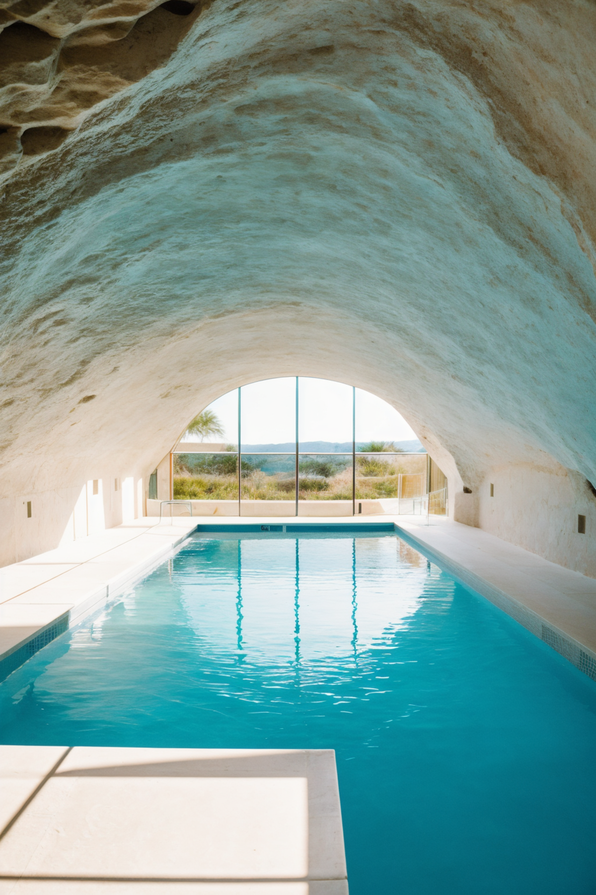 Large indoor swimming pool with a glass ceiling and windows.