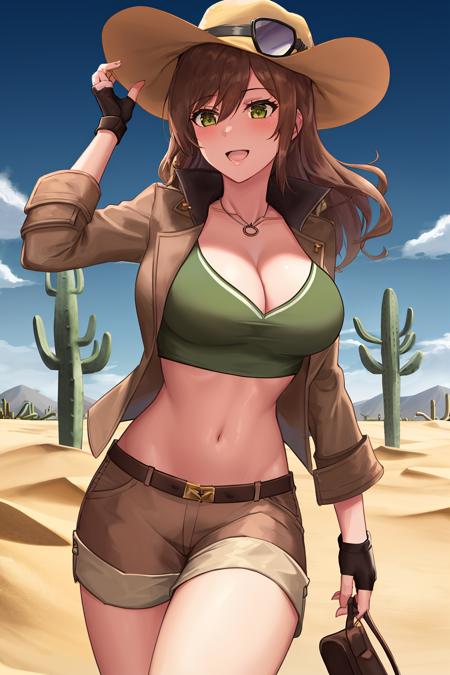 best quality, 1girl, <lora:SafariCaitlyn:1>, SafariCaitlyn, stainding, (green crop top), ((brown shorts)), brown jacket, brown hair, long hair, hat, fingerless gloves, cleavage, in a desert, sand, cactus