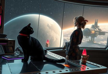 A sleek black cat with red collar sits on a cluttered metal riveted desk with transparent top and rgb led computer components visible inside, On the desk are a maneki neko statue and a lava lamp, the Black Cat is looking out of a seamless and futuristic floor to ceiling window that looks out at a planet from low orbit, (((a beautiful woman, 24 years old, is standing next to the cat looking out the window, the woman is dressed in an ornate Japanese style bath robe. An enormous deco-cyberpunk starship with futuristic lighting and an enormous space station are visible in the background among the stars, The woman's hair is messy from just waking up and tied up with a ribbon. Artistic cyberpunk, dynamic perspective, (((overall architectural aesthetic is Art Deco Cyberpunk))).  Epic image that elicits a feeling of wonder and awe,