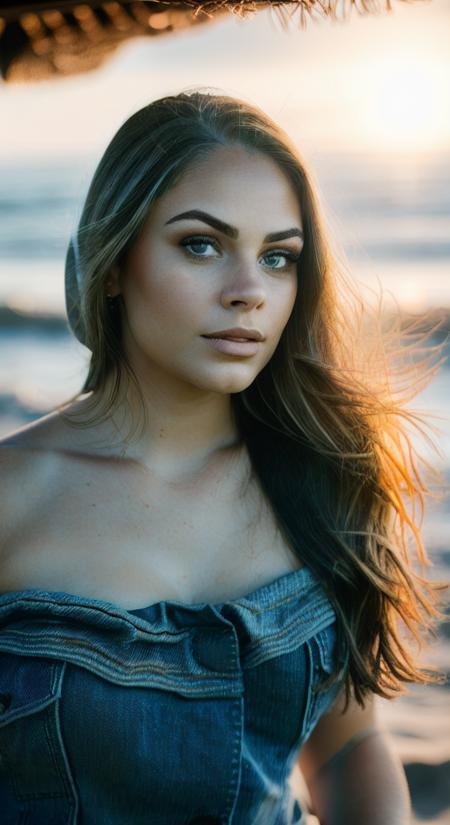 alele (sharp focus:1.2), portrait, attractive young woman, (beautiful face:1.1), detailed eyes, luscious lips, (eye makeup:1.2), (medium breasts:1.0), (tight body:1.2), wearing (jeans and t-shirt:1.2) at (the beach:1.2). (morning sun lighting:1.2), depth of field, bokeh, 4K, HDR. by (James C. Christensen:1.2|Jeremy Lipking:1.1).