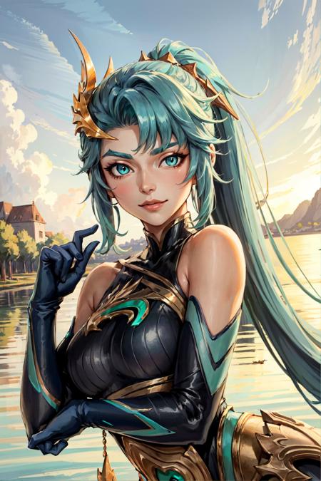 lagoon dragon kai'sa, 1girl, bodysuit, detached sleeves, hair ornament, bare shoulders, aqua hair, solo, detailed face, looking at viewer, upper body, (masterpiece:1.2, best quality)