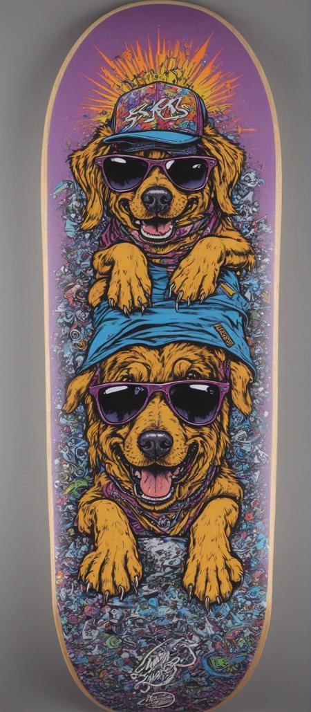 Jimbo Phillips Sk8 Art XL dog wearing sunglasses skateboard art <lora:Jimbo_Phillips_Sk8_Art_XL:1>