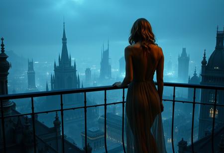 a woman is standing at a balcony overlooking a city, the woman is wearing a sheer see-through nightgown, the scenery underneath is a horror hellscape, the city has impossible eldritch architecture, (hellish horror landscape),