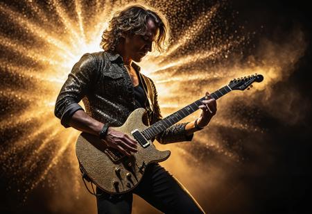 Rock guitarist in a passionate solo, energy wave, hd wallpaper, sony alpha a7 III, pointillist precision, tilt-shift lenses, dark  black and light spotlight gold