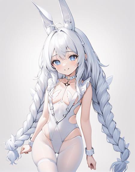 le malin \(listless lapin\),+_+,blue eyes,twin braids,white hair, fake animal ears,o-ring choker,white pantyhose,rabbit tail,white leotard,wrist cuffs,thigh strap,