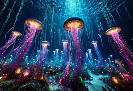 masterpiece, best quality, ultra-detailed, vivid lighting, wide-angle underwater shot. A vast, dreamlike marine world glowing with vibrant, bioluminescent light. The ocean floor is teeming with life — coral towers and waving sea anemones in radiant purples, pinks, blues, and greens, each pulsing softly like underwater lanterns. Enormous jellyfish drift slowly through the water, their translucent bodies trailing long luminous tendrils. Schools of small fish swim in coordinated patterns, their scales reflecting the colored light like polished glass. Gigantic deep-sea creatures hover silently in the distance, casting shimmering shadows over the reef. The bioluminescent sources — fish, flora, and mysterious deep-sea entities — are the only illumination, painting the scene with brilliant, surreal hues. The water is crystal clear, filled with glowing particles in constant motion, giving the impression of drifting stardust. Mood: awe-inspiring, enchanted, full of movement and life.