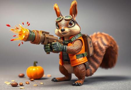1990s-style action figure toy of an anthropomorphic squirrel dressed as a forest-themed nut defender superhero. The squirrel wears an orange utility vest, forest camo gloves, and goggles, holding a walnut-shell cannon that fires acorn projectiles and confetti nutrient bursts. Stylized accessories mini pumpkin grenades, and a belt of seeds. Bright colors, nostalgic aesthetic, detailed toy design, whimsical and heroic style, bold comic-book shading. Clean background. (No text). Birds-Eye view, Isometric angle. 4:5 aspect ratio --v 5 --style 90s --ar 4:5