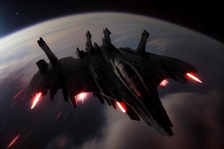 <zxrspc:1>, red silver and white space ship, red, white, silver, space, movement, masterpiece, depth of field, fighter pilot, gunship, turrets, guns, artillery, weaponry