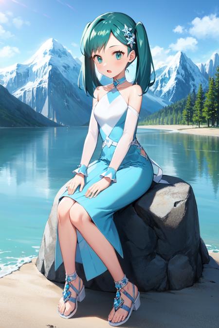 solo,  kris,  medium hair,  twintails,  halter dress,  blue dress,  hair ornament,  shorts under dress,  detatched sleeves,  choker,  sandals,  sitting on rock,  glacier,<lora:EMS-253434-EMS:0.700000>